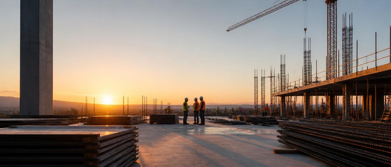 Cantiere moderno al tramonto con operai in lontananza